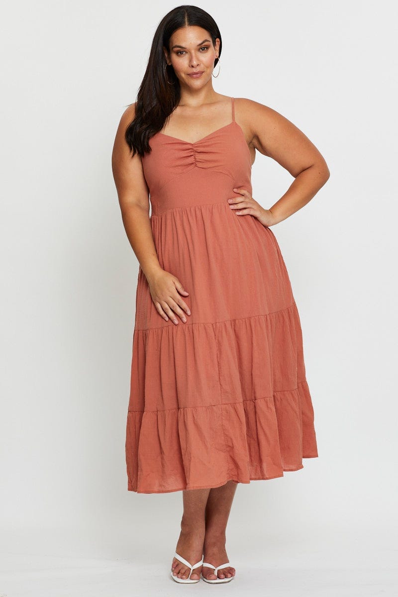 Plus Size Brown Midi Skater Dress Sleeveless Tie |You + All | Shop Online | You & All Plus Size Brown Midi Skater Dress Sleeveless Tie |You + All | Shop Online | You & All