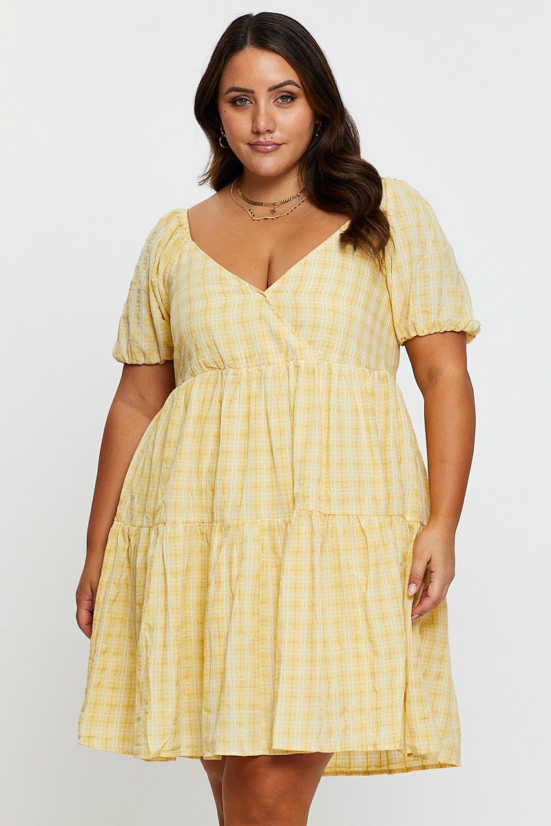 Plus Size Yellow Smock Dress V-Neck Short Sleeve Tie |You + All | Shop Online Plus Size Yellow Smock Dress V-Neck Short Sleeve Tie |You + All | Shop Online