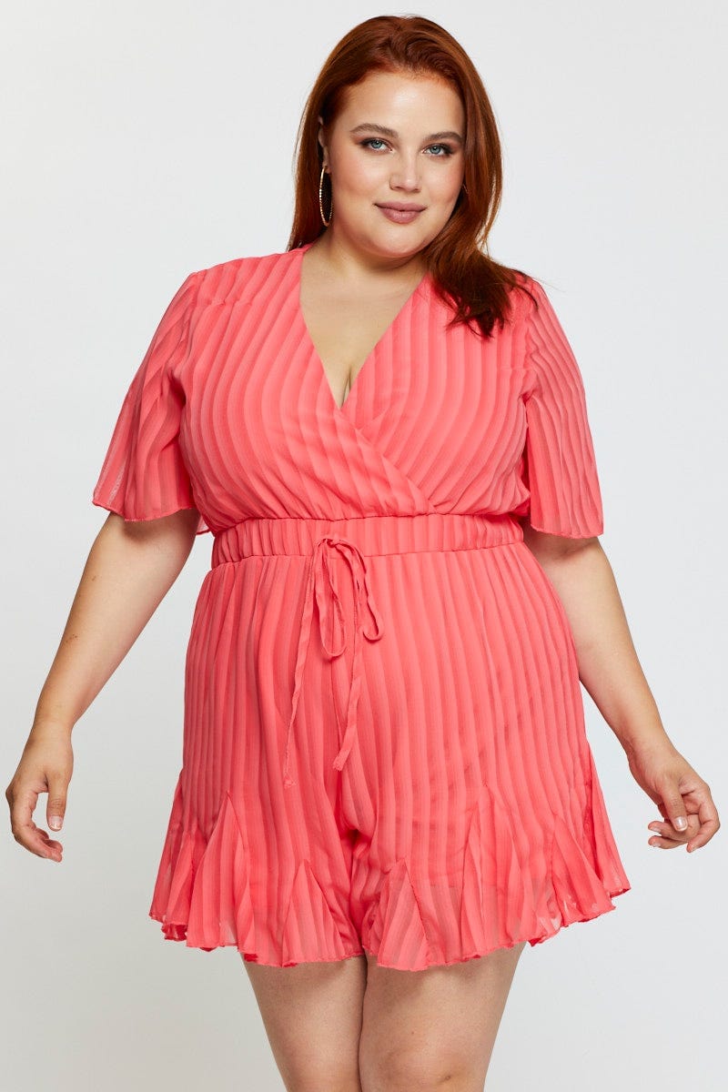 Plus Size Orange Playsuit V-Neck Short Sleeve Ruffle Hem |You