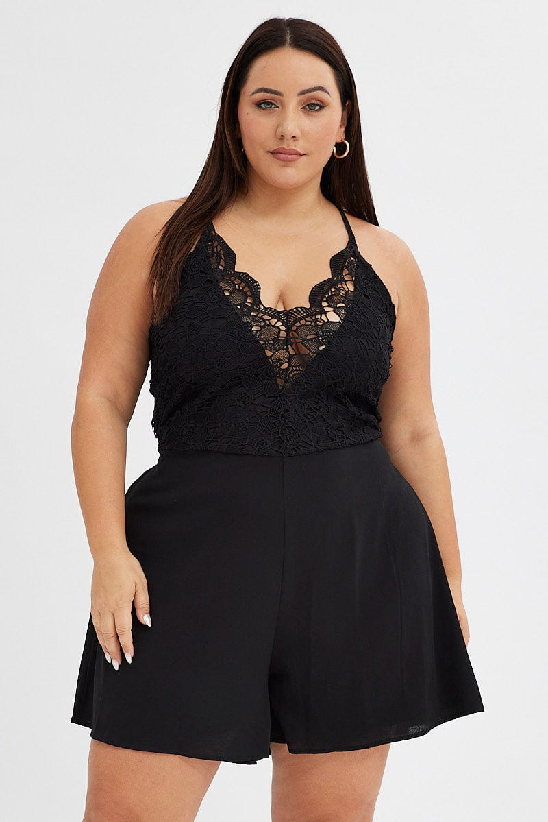 Lace Detail Black Lace Romper Shorts Black Ruffle Playsuit Short