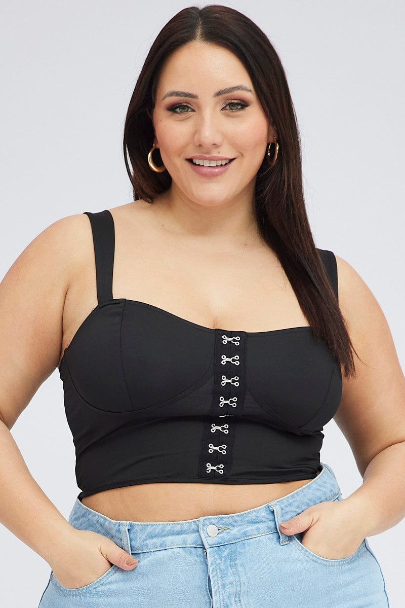 Black Stretch Corset Top Hook And Eye Front Cropped