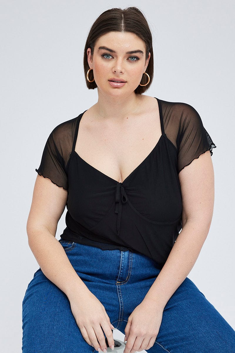 Black Mesh Short Sleeve Crop Top, Tops