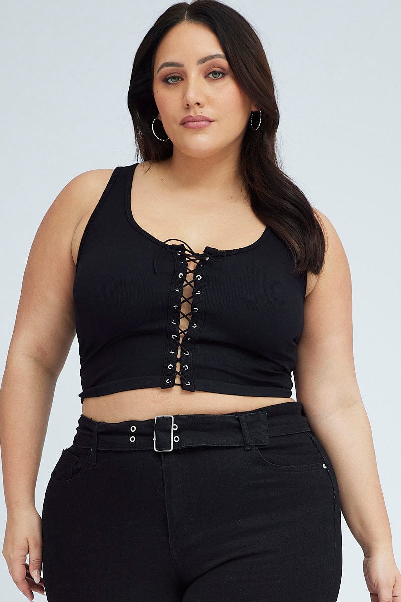 Black Crop Top - Front Lace Up Crop Tops