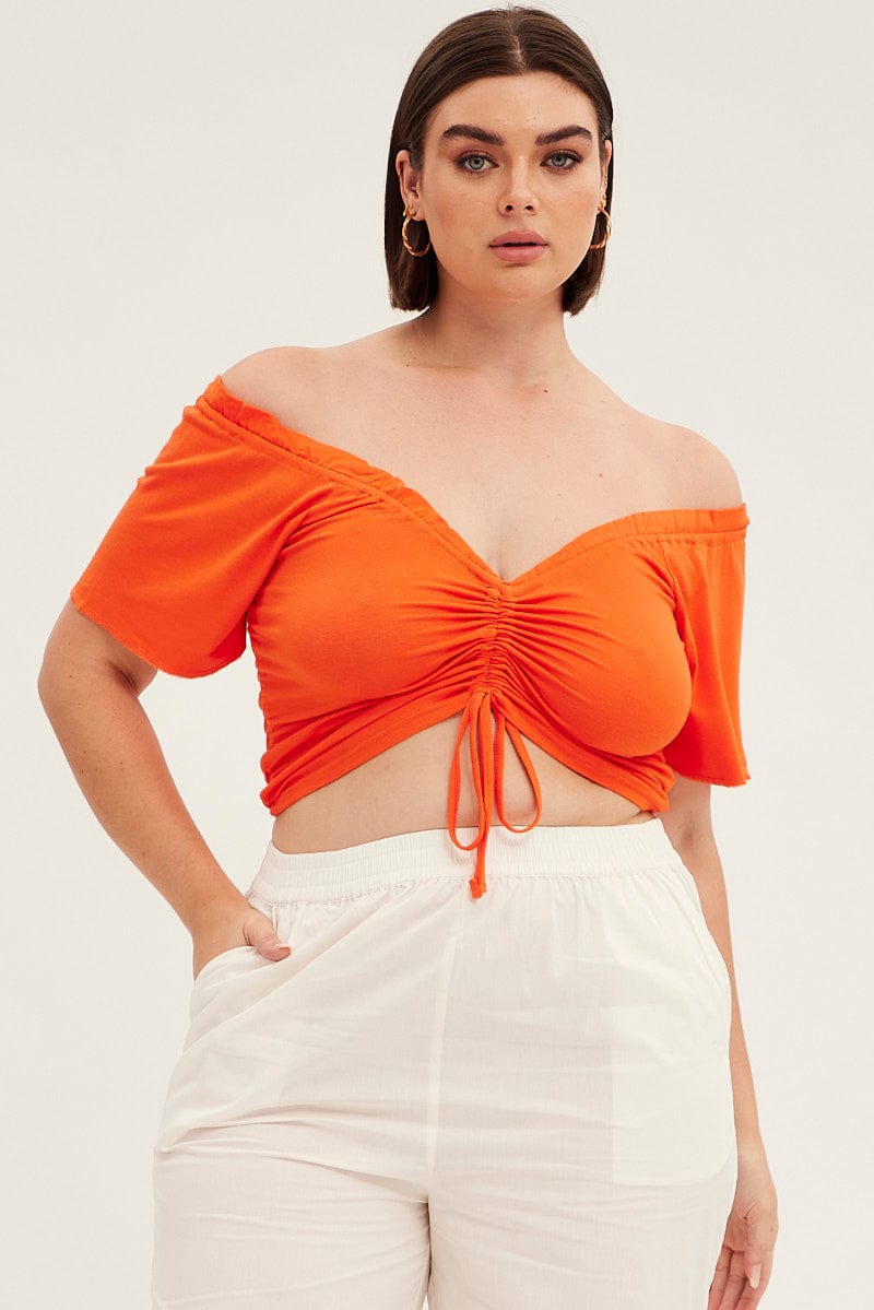 Orange Crop Top Short Sleeve Frill Edge Drawstring You All