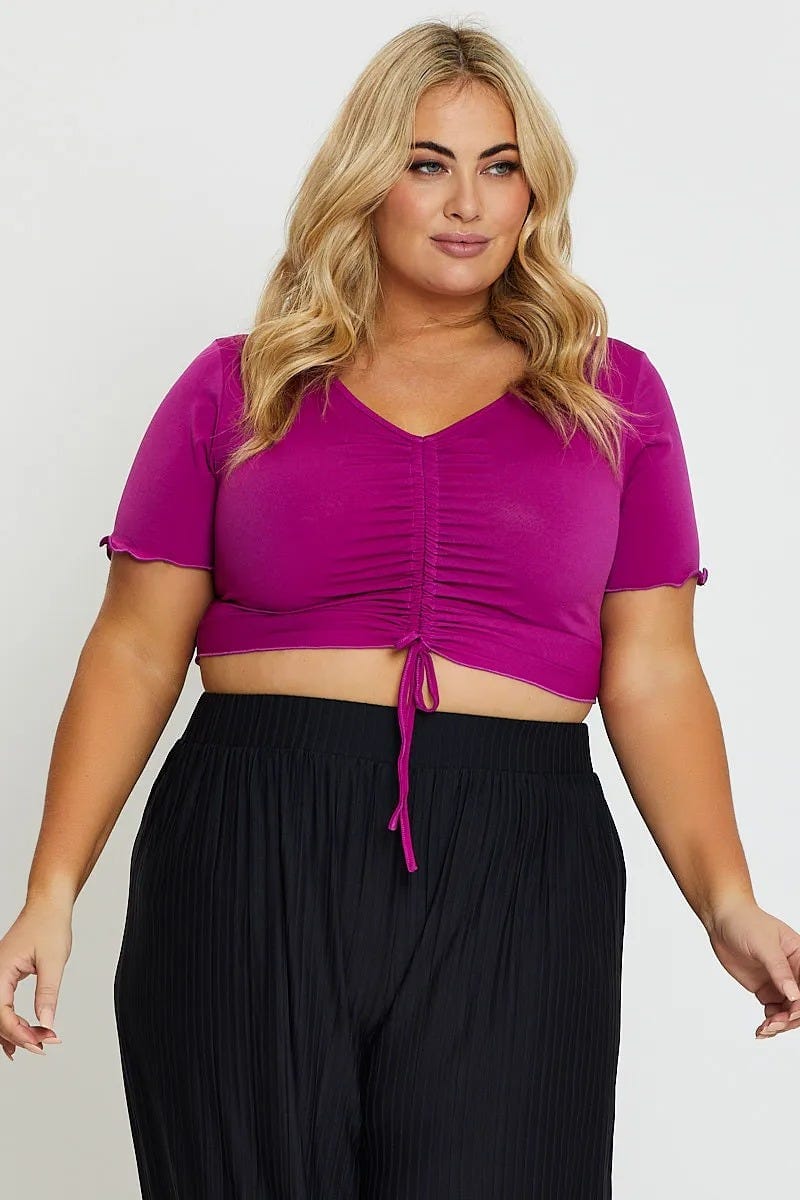 Plus Size Purple Front T-Shirt V-Neck Jersey Rib Ruched |You All