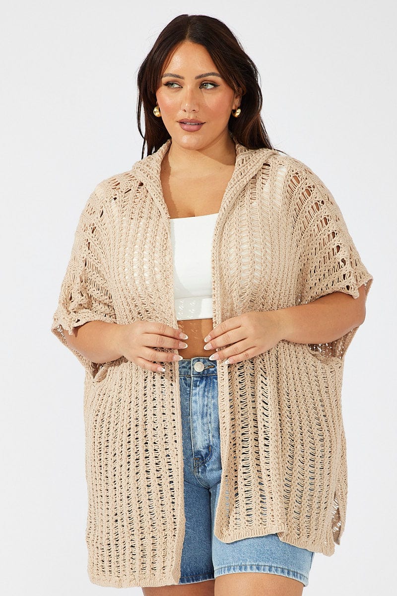 Beige Hooded Crochet Cardigan Short Sleeve You All