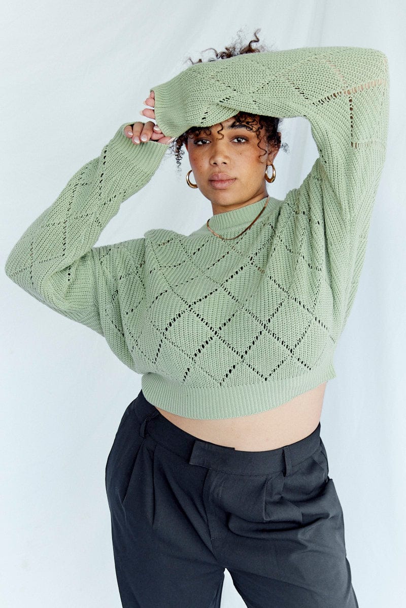 Crop Tops Knitted Sweatshirt For Women Green Knit Crop Jumper Long
