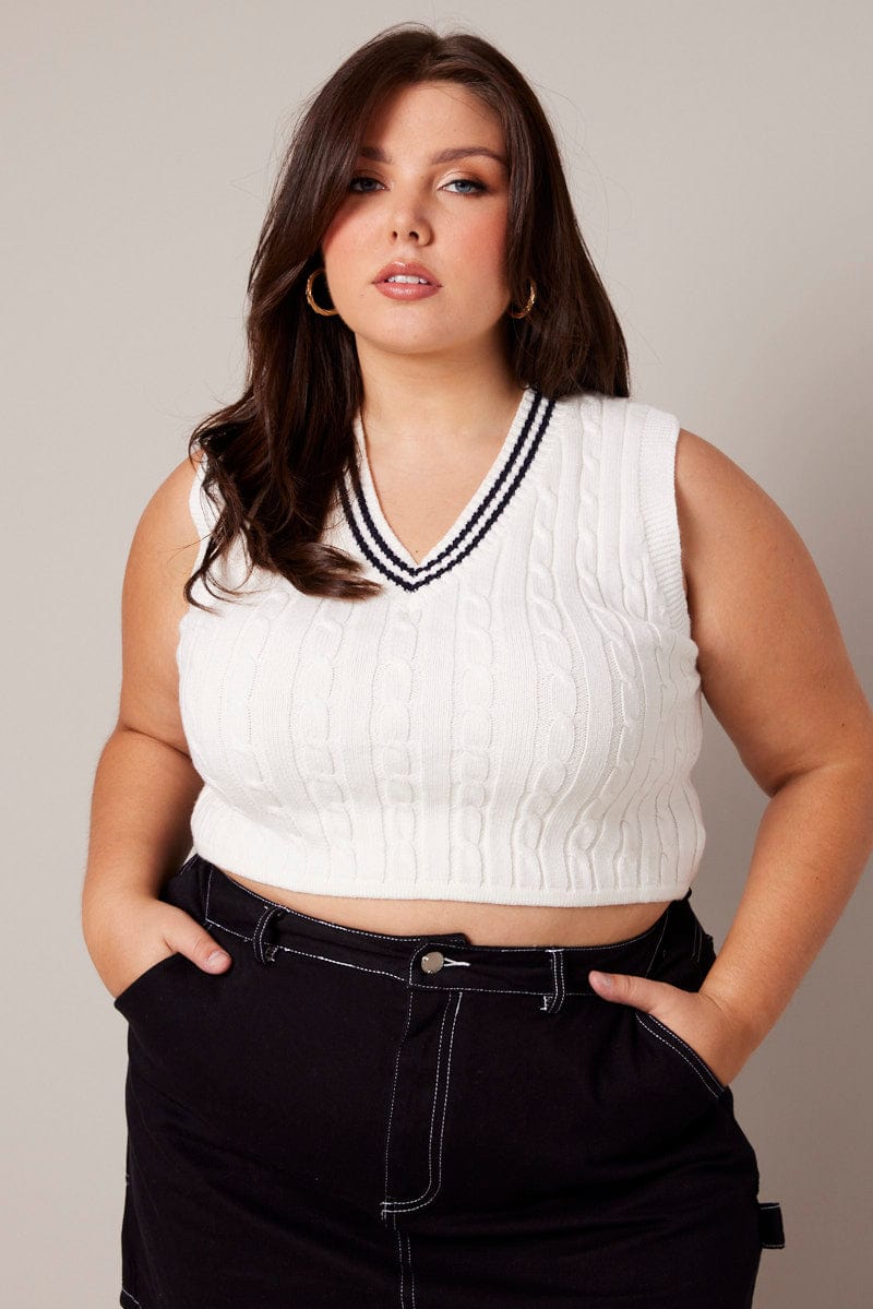White Cable Knit Vest V-neck You All