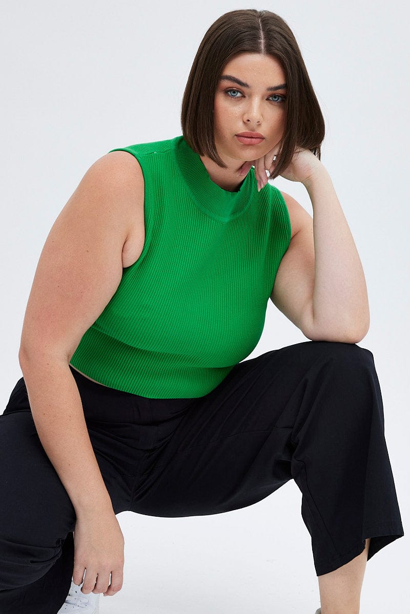 Green Knit Top Ribbed High Neck You All