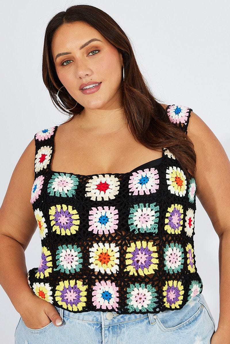 Black Floral Crochet Top Square Neck You All