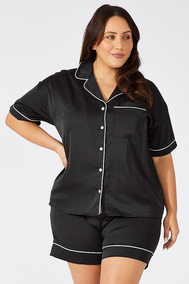 Black Satin Pyjamas Set Short Sleeve You All