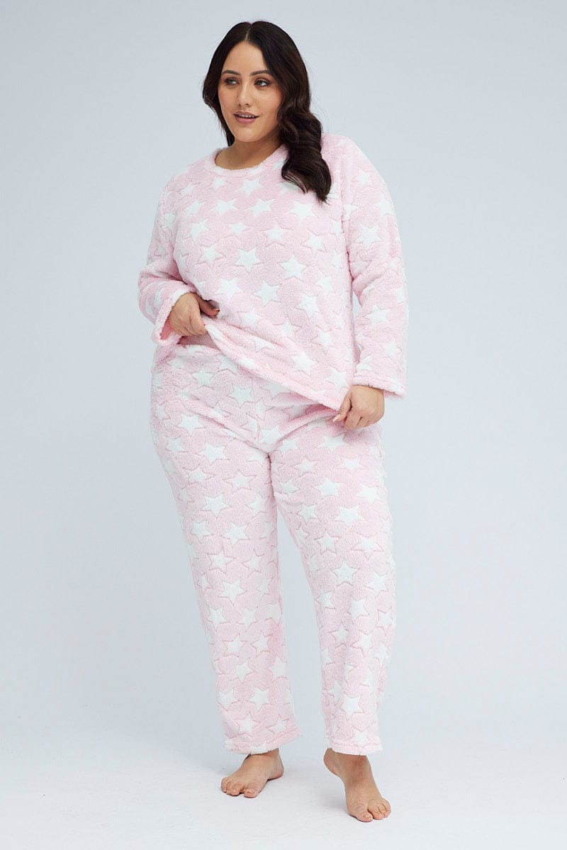 Pink Print Fluffy Fleece Star Print Pj Two Piece Pyjama Set