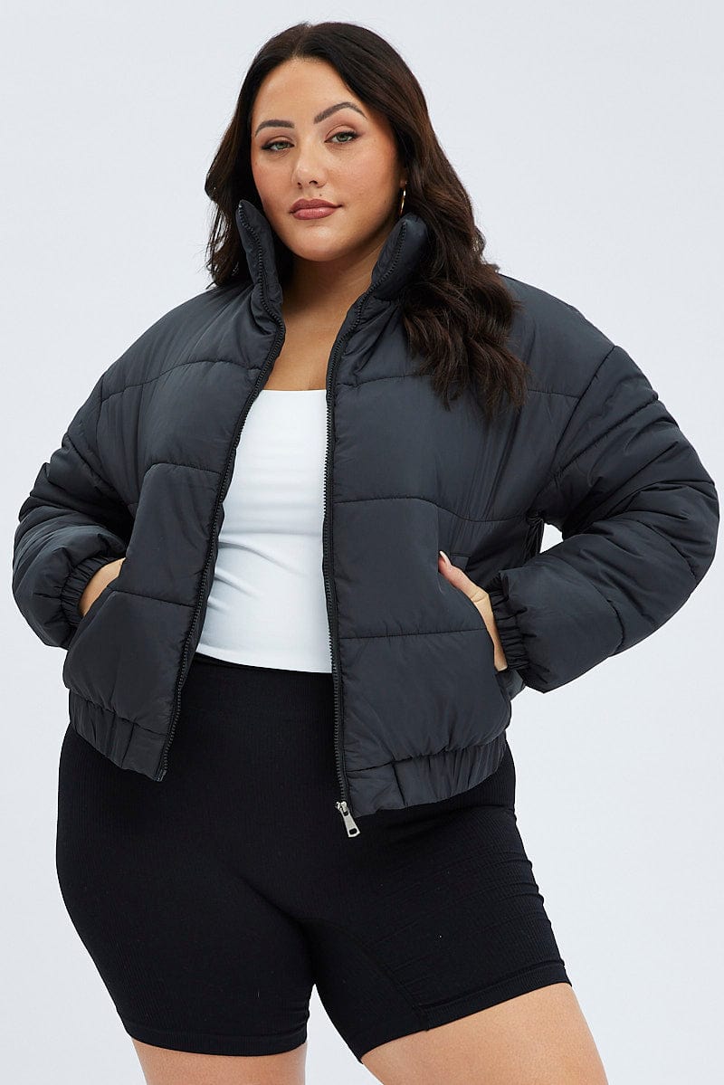 Final Sale Plus Size Shiny Crop Puffer Jacket In Royal Blue, 52% OFF
