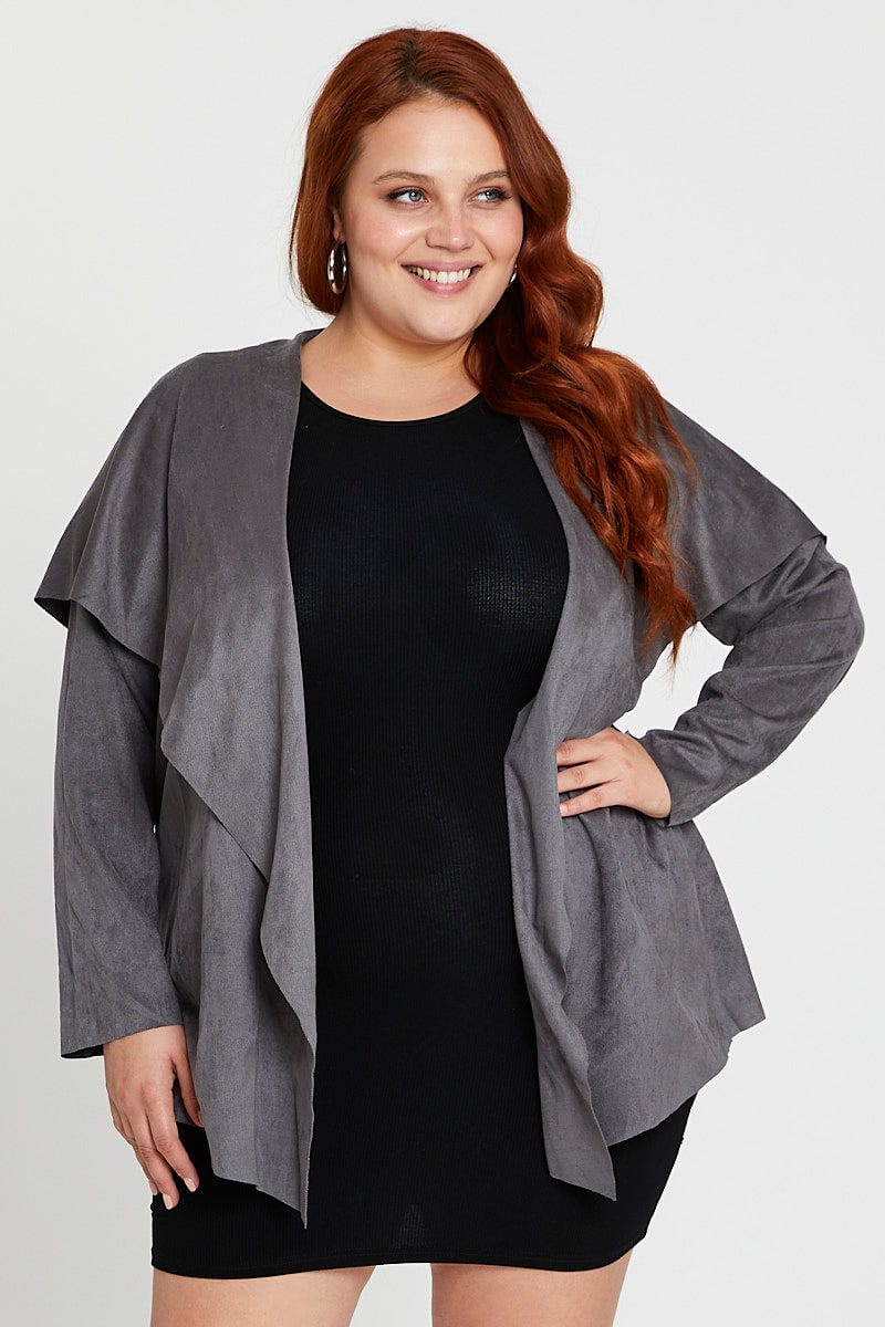 Plus Size Grey Collar Jacket Long Sleeve Faux Leather Waterfall