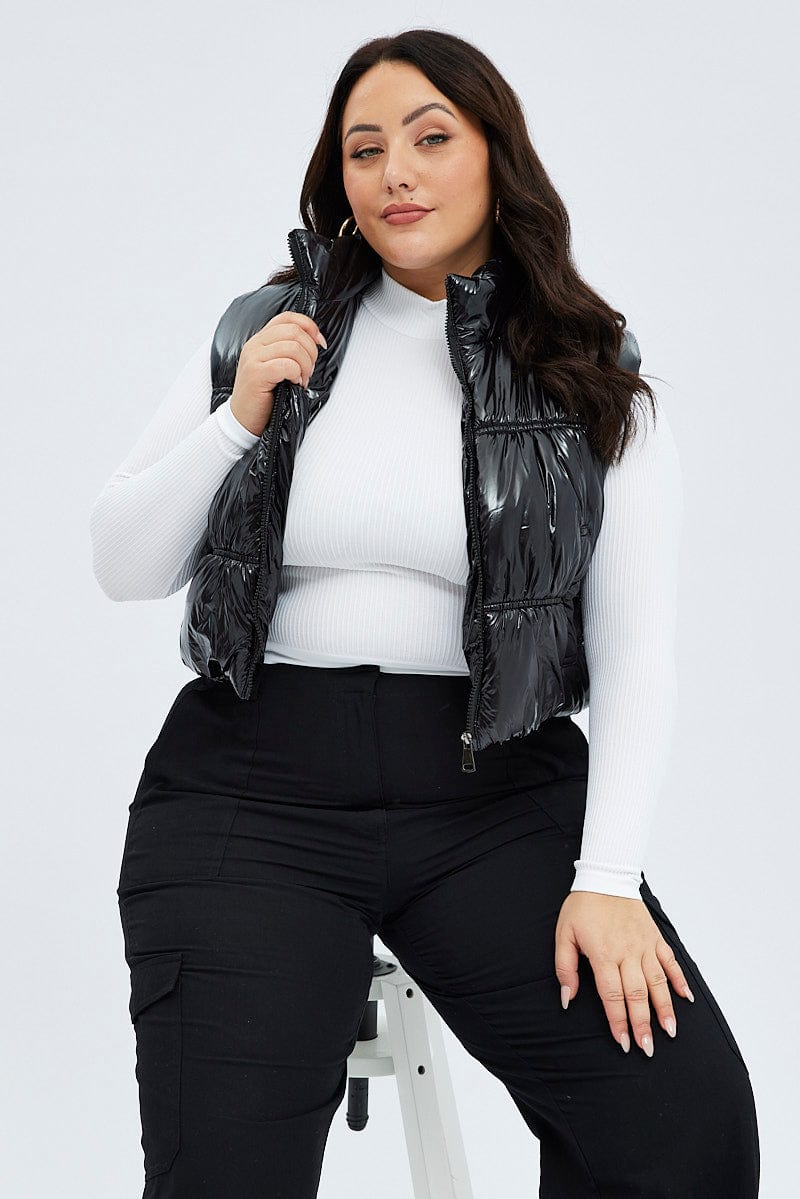 Black Puffer Vest Sleeveless Shiny Crop You All