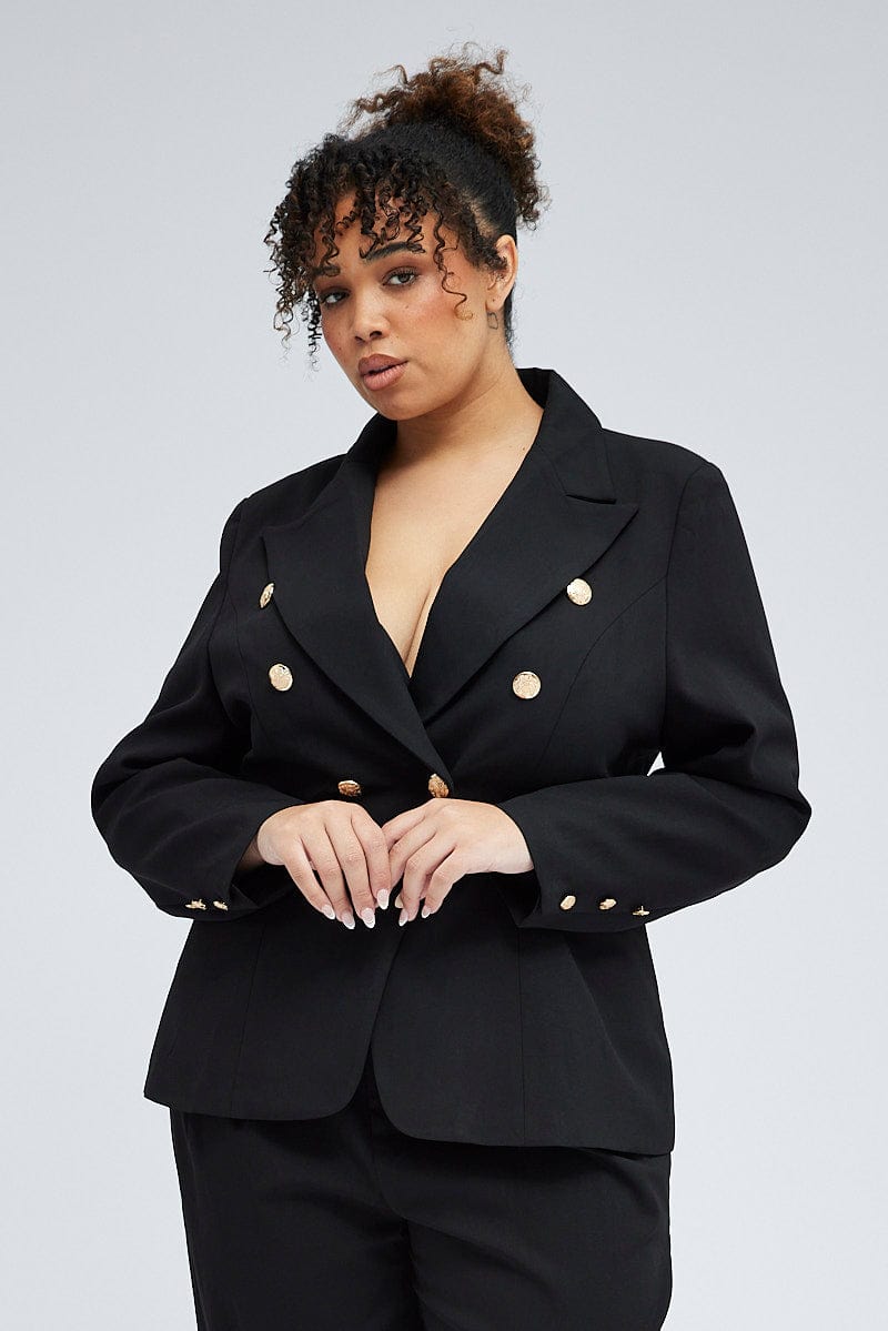 Black Fitted Blazer Gold Button Double Breasted Lined You All