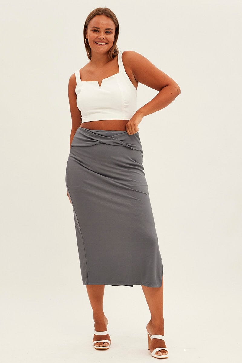 Grey Midi Skirt High Rise Pencil Ribbed You All
