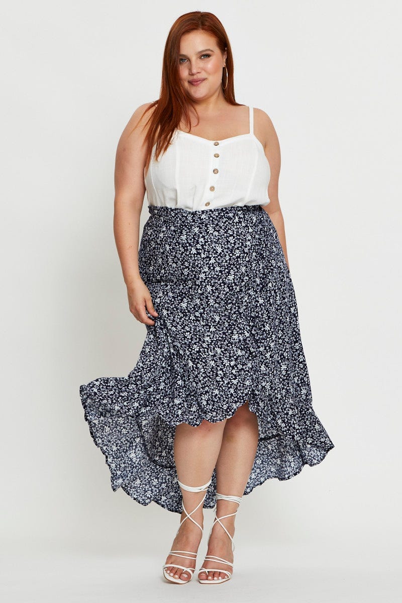 Plus Size Floral Print Maxi Skirt High-Low You All Shop