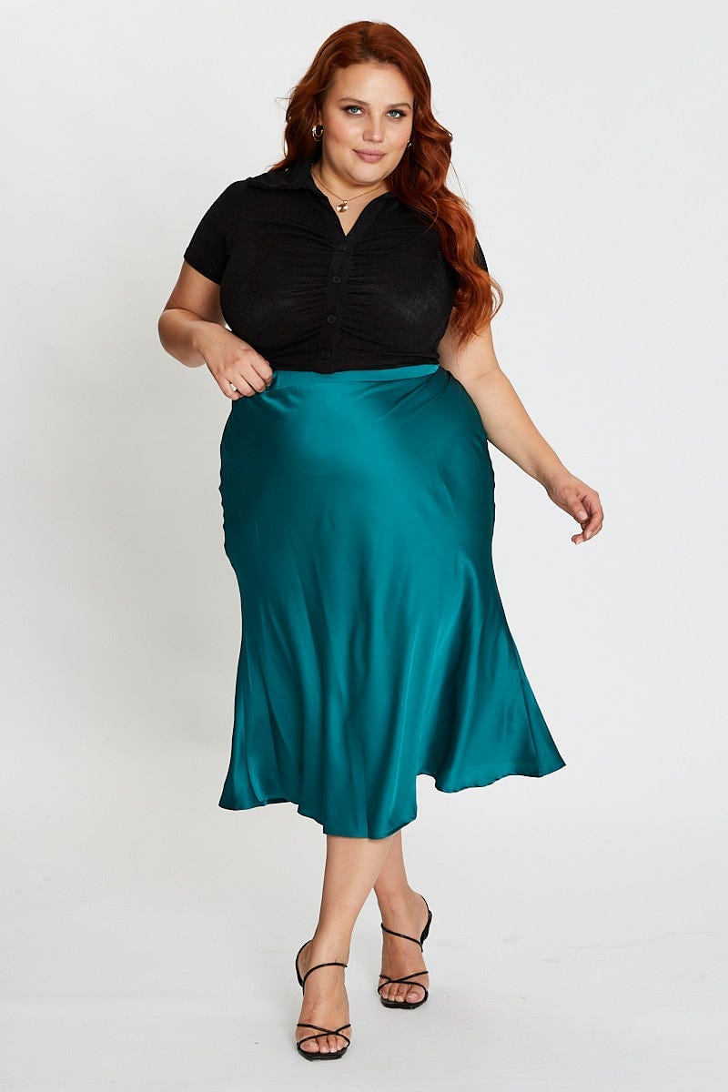 Plus Size Green Midi Satin Skirt Elastic Waist, You + All