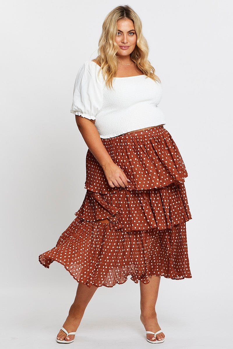 Plus Size Brown High Waist Frill Tiered Midi Skirt You All