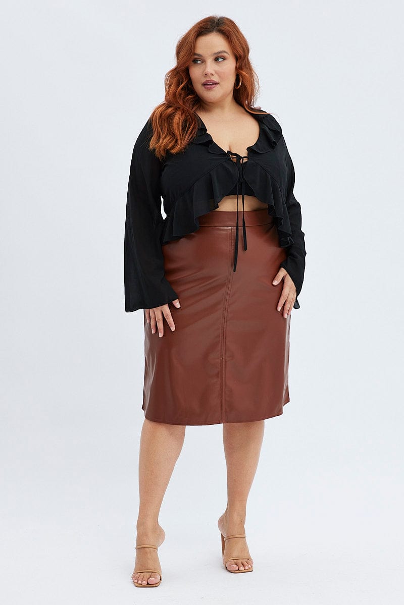 Brown Midi Skirt Faux Leather Flare You All