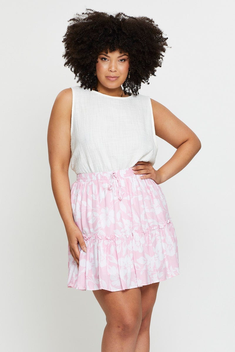 Plus Size Floral Print Mini Skater Skirt Elastic Waist You All