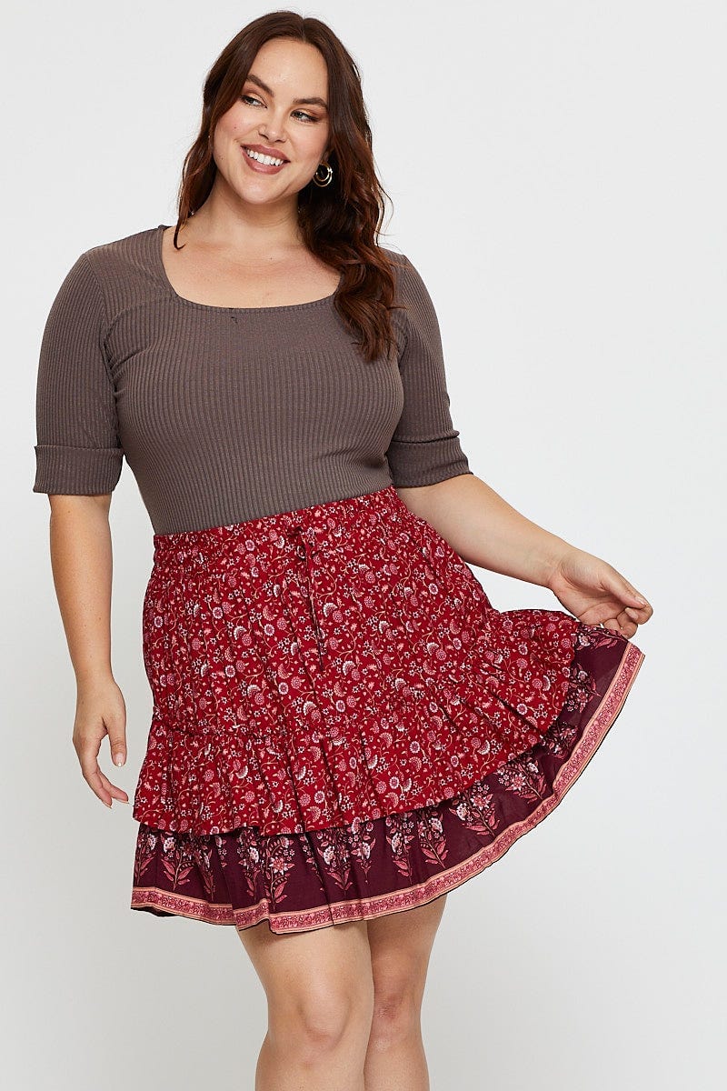 Plus Size Boho Print Mini Skater Skirt Elastic Waist You All