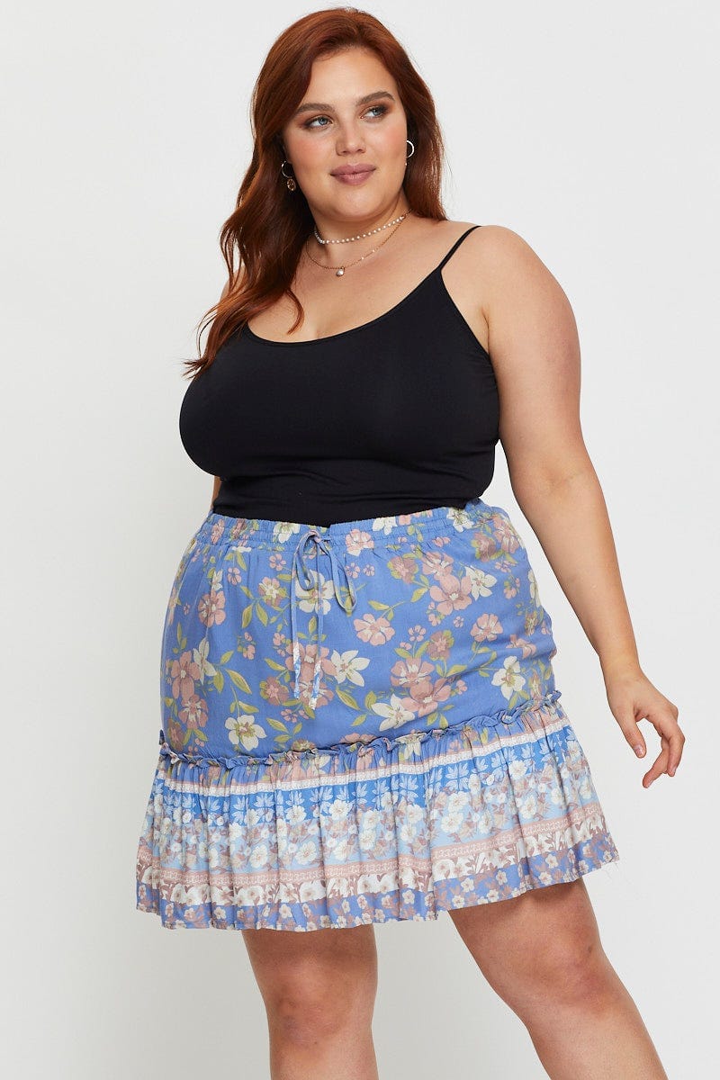 Plus Size Boho Print Mini Skater Skirt Elastic Waist You All