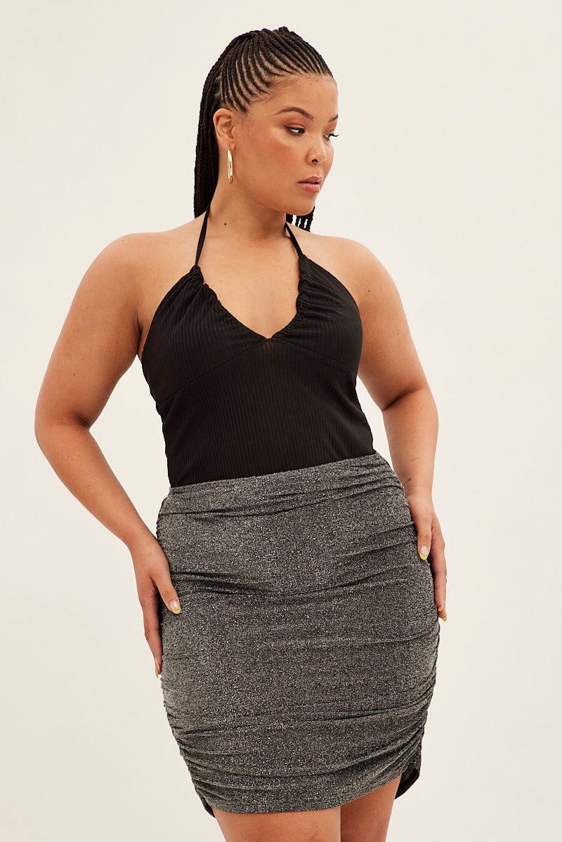 Black Mini Skirt Lurex Elastic Waist Ruched You All