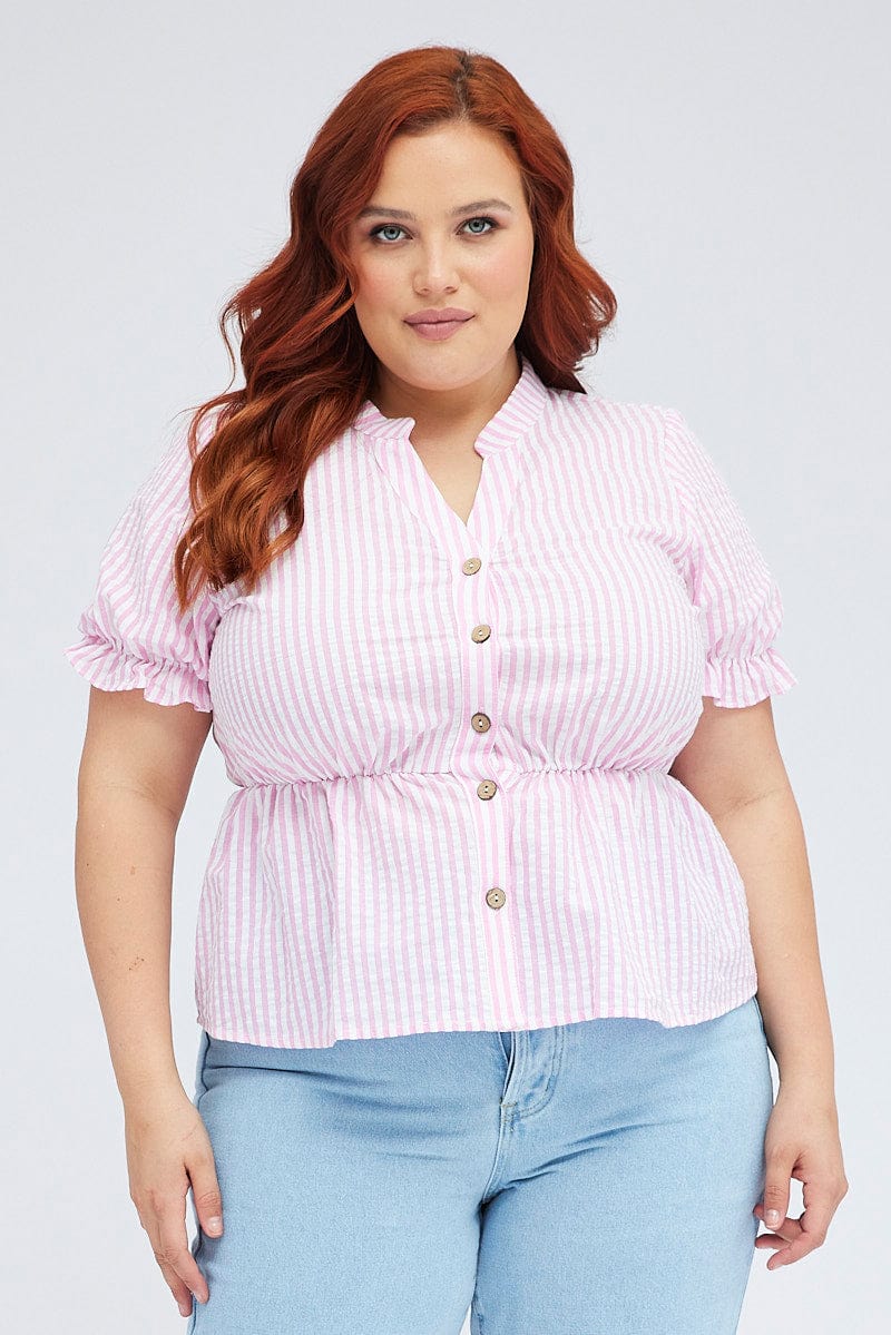 PINK STRIPE Shirt Short Sleeve Banded Collar Elastic Waist for YouandAll Fashion