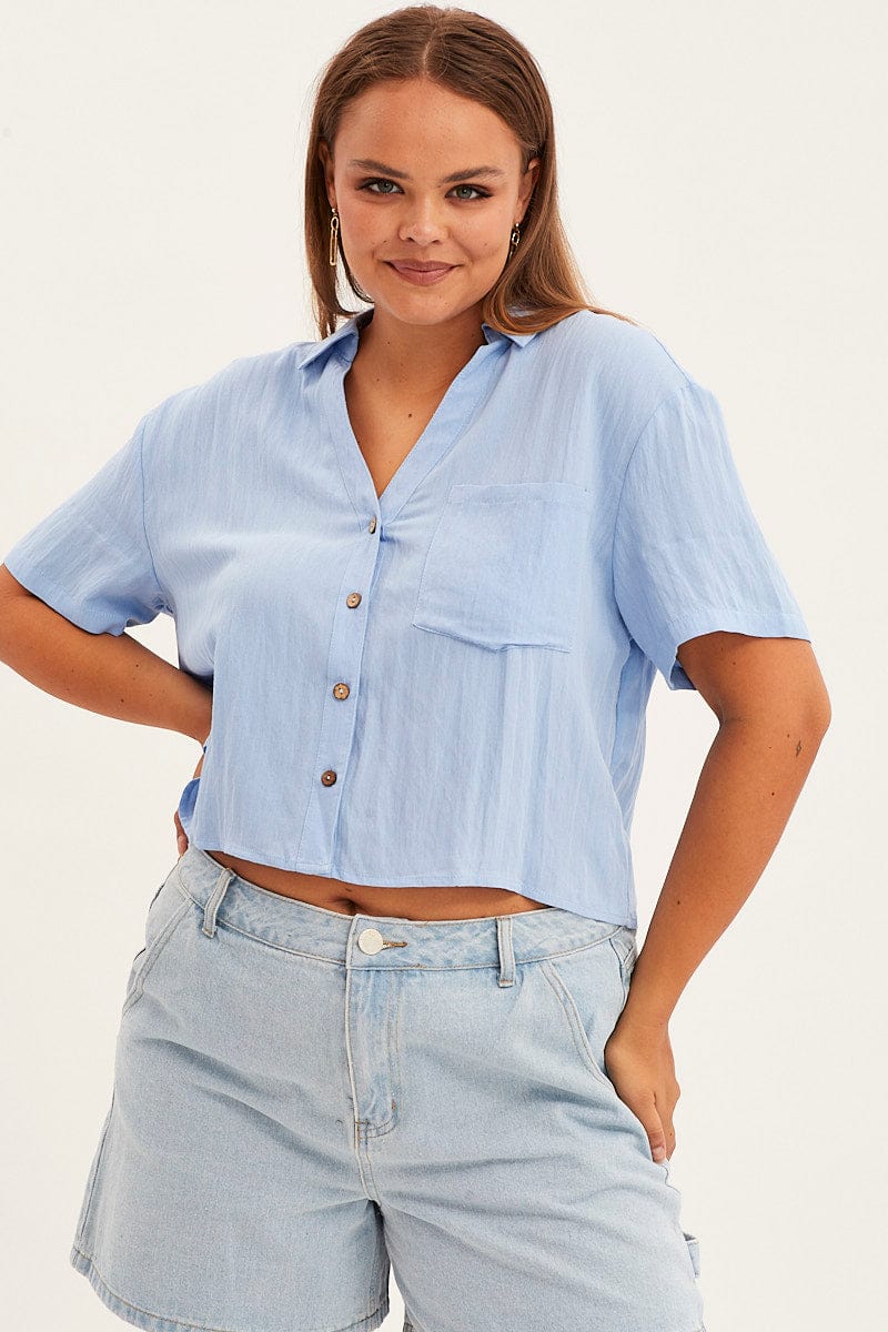 Blue Crop Shirt Short Sleeve Button Up Blue Crop Shirt Short Sleeve Button Up