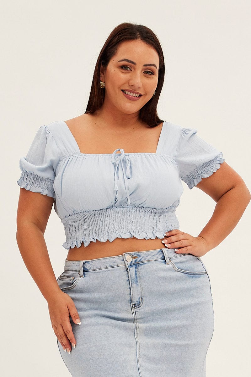 Blue Crop Top Short Sleeve Square Neck Ruched Bust