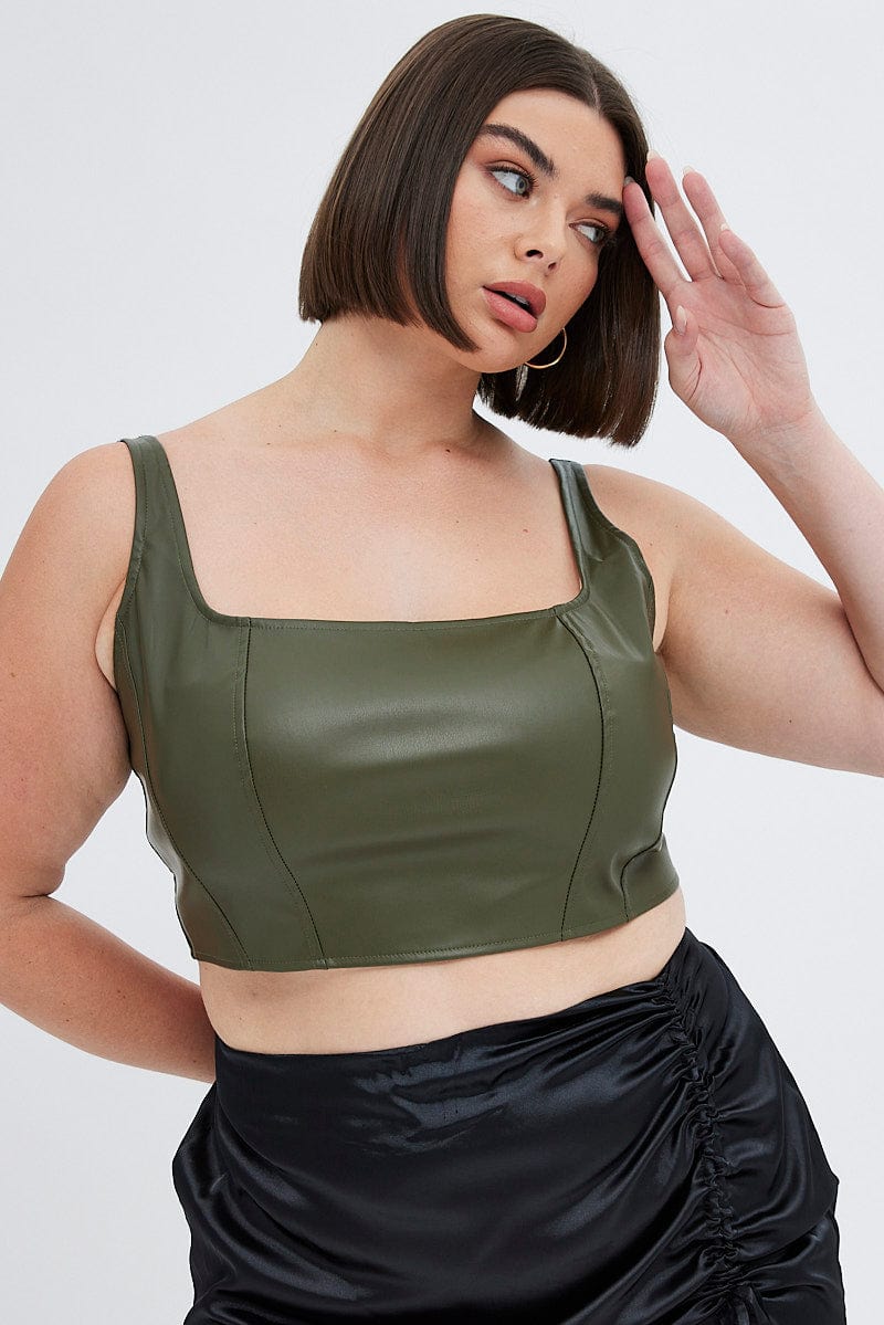 Green Corset Top Sleeveless Faux Leather You All