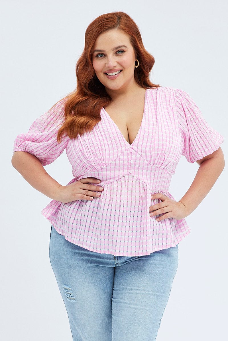 Pink Peplum Top Short Sleeve You All - Main Image