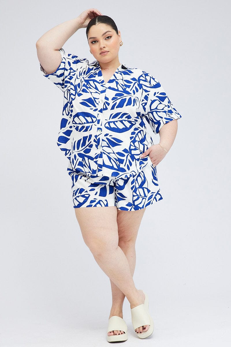 Blue Abstract Relaxed Shirt Short Sleeve for YouandAll Fashion