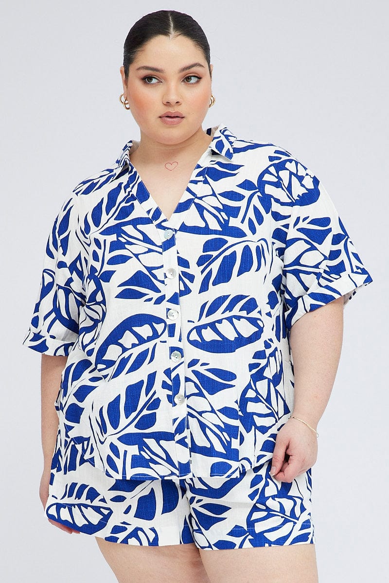 Blue Abstract Relaxed Shirt Short Sleeve for YouandAll Fashion