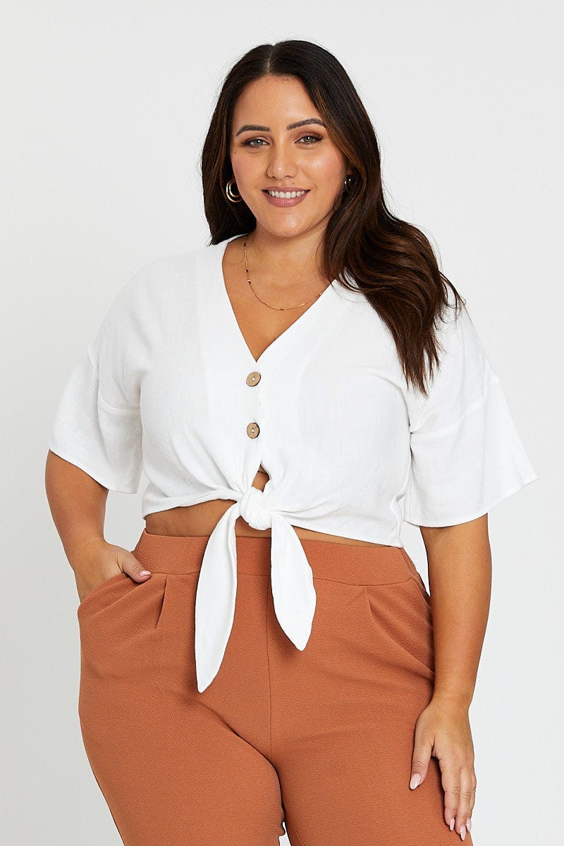 Plus Size White Short Sleeve White Linen Blend Tie Front Shirt, You + All