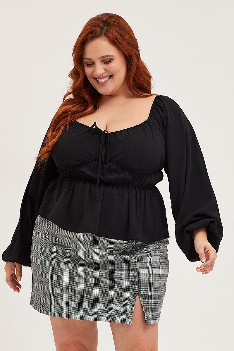 Plus Size Black Peplum Top Long Sleeve Ruched You All Shop