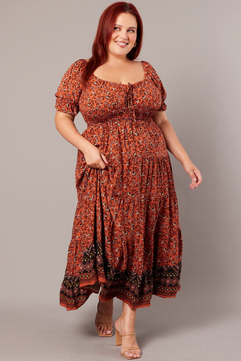 Brown Boho Maxi Dress Short Sleeve Cut Out Tiered