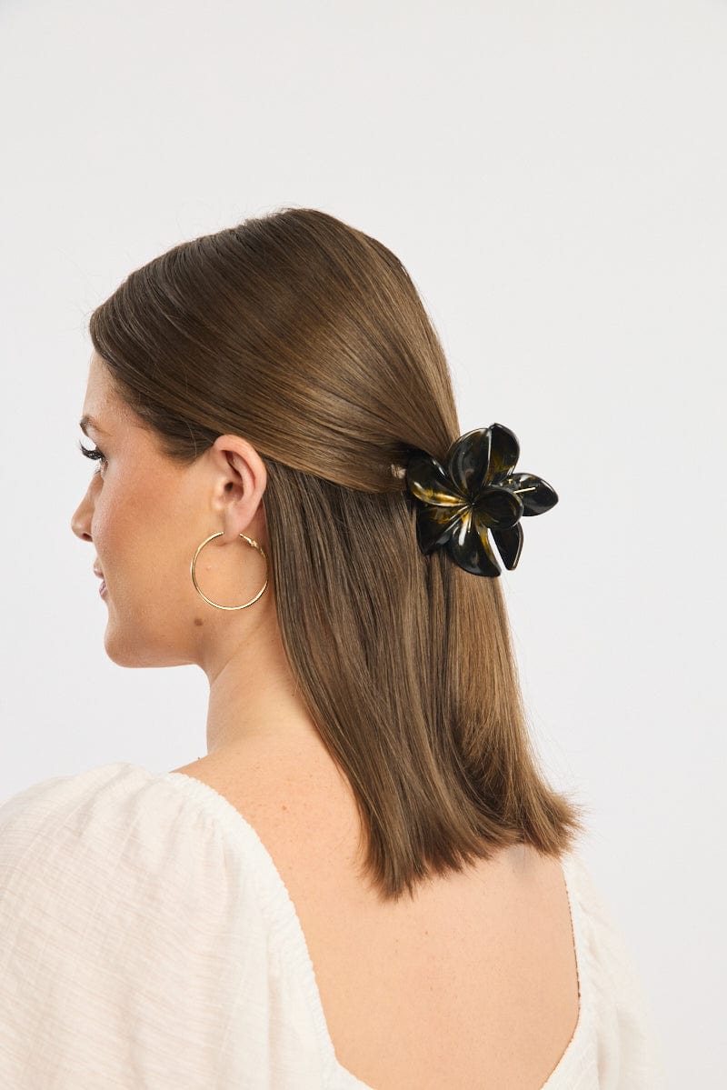 Black Marbled Flower Claw Clip