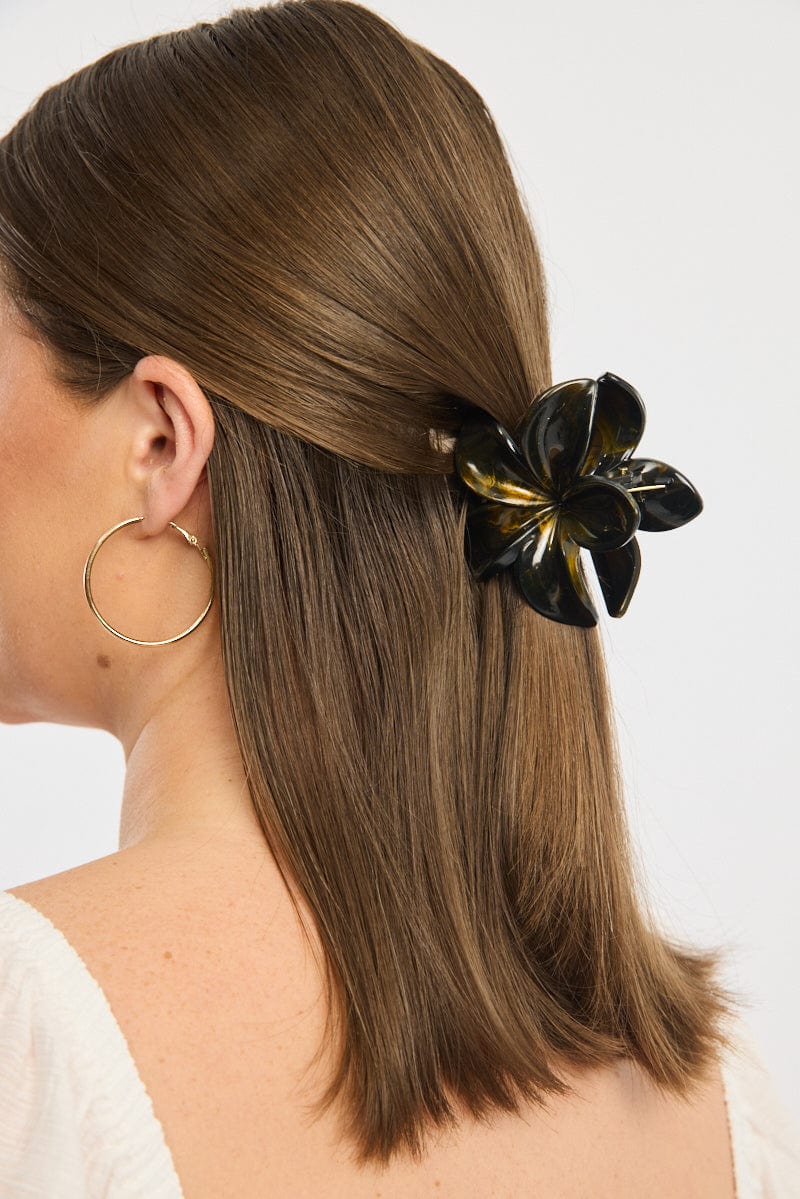 Black Marbled Flower Claw Clip