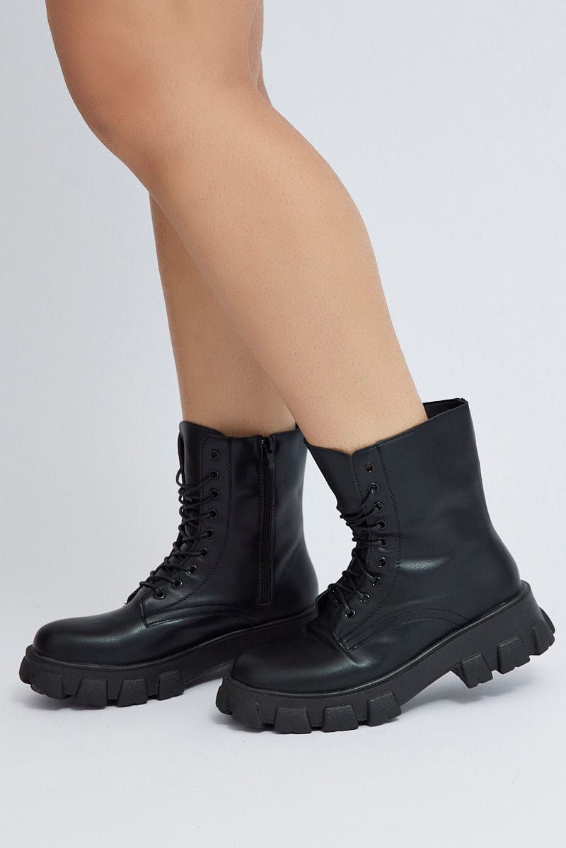Black Chunky Lace Up Ankle Boots