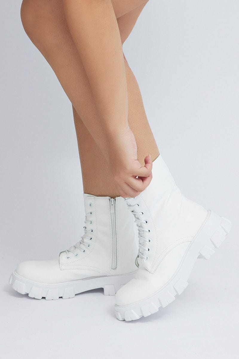 White Chunky Lace Up Ankle Boots