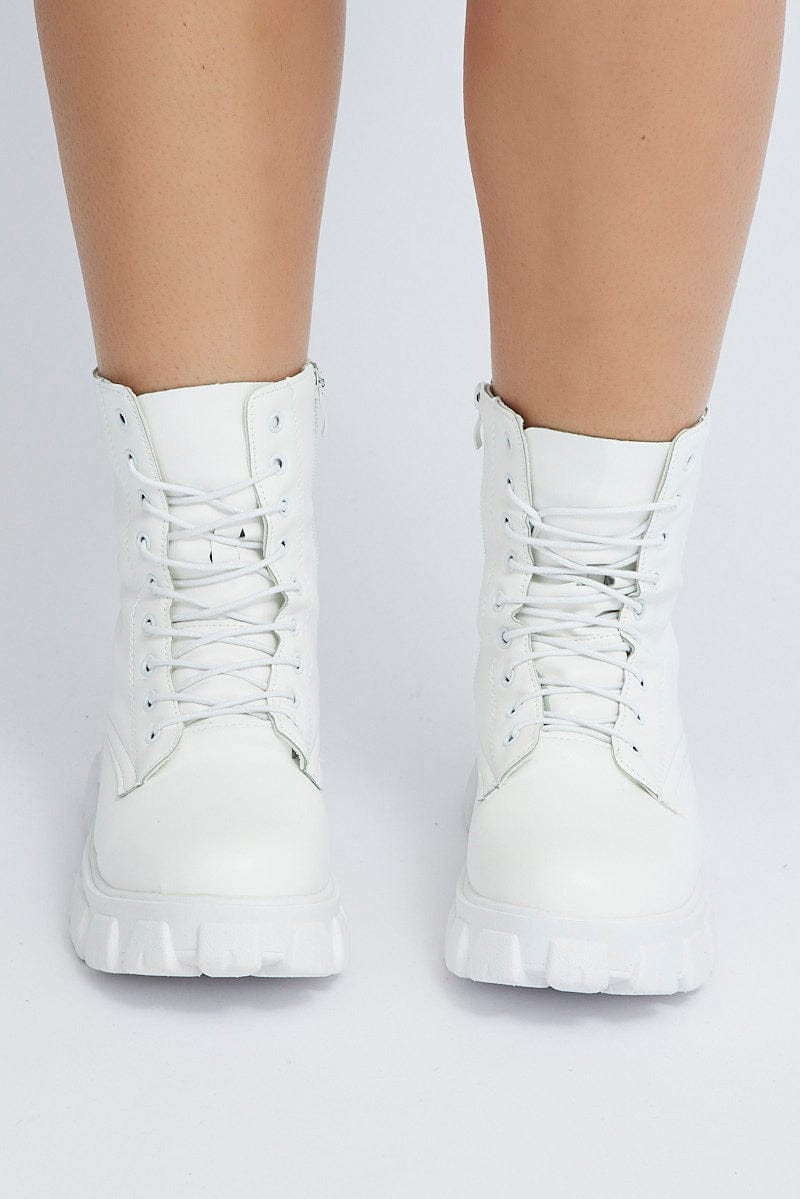 White Chunky Lace Up Ankle Boots