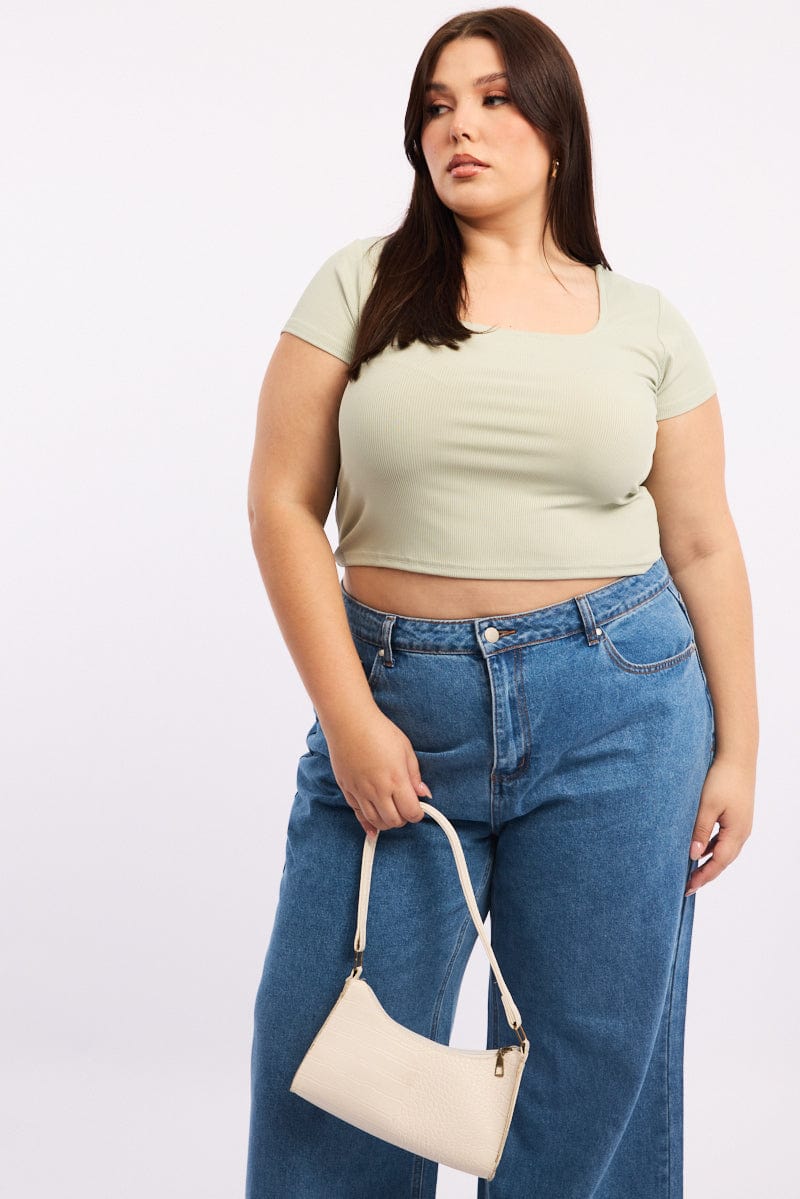 Green Square Neck Short Sleeve Crop Top for Women by You and All