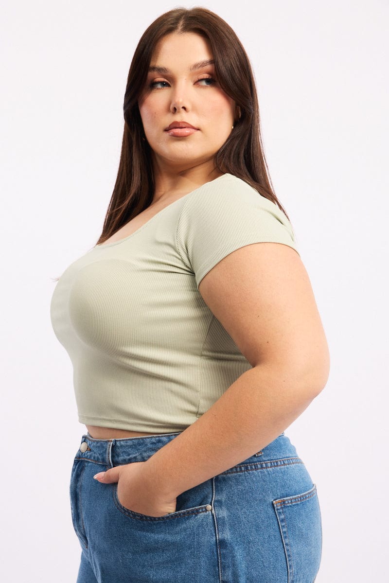 Green Square Neck Short Sleeve Crop Top for Women by You and All