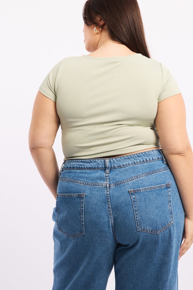 Green Square Neck Short Sleeve Crop Top for Women by You and All