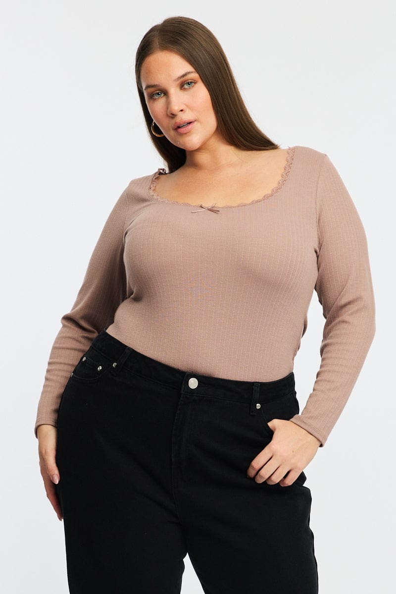 Beige Long Sleeve Lace Trim Ribbed Top