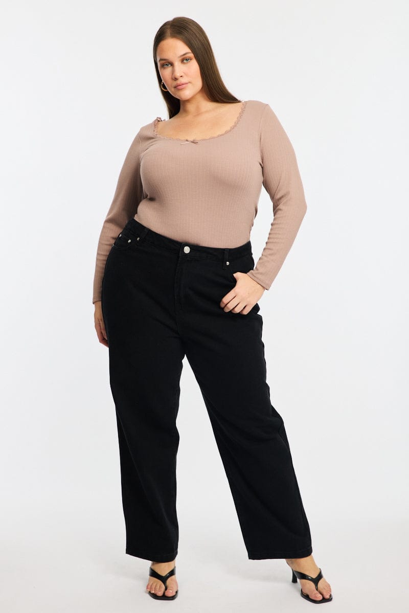 Beige Long Sleeve Lace Trim Ribbed Top
