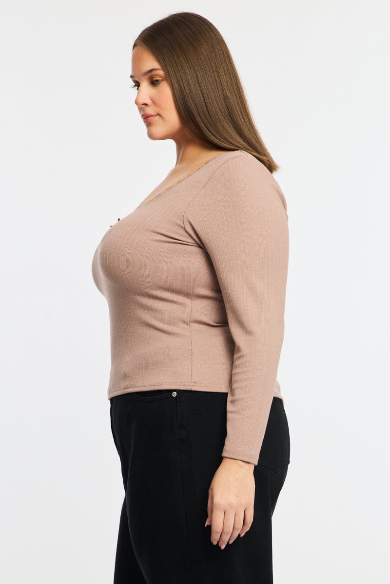 Beige Long Sleeve Lace Trim Ribbed Top